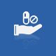 Icon of a hand holding pills and a capsule, symbolizing medication or healthcare.